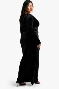 Wrap Dresses*boohoo Plus Velvet Wrap Ruched Wrap Maxi Dress black