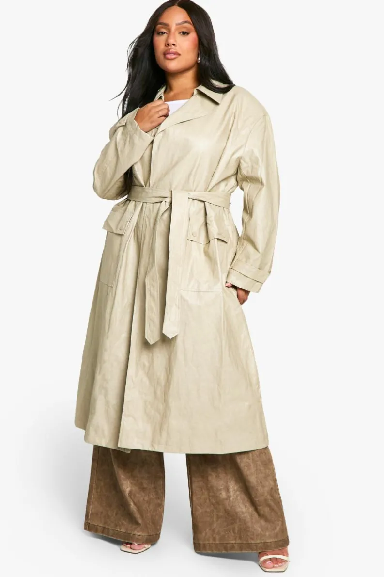 Up To 80% Off Winter Warmers|Trench Coats*boohoo Plus Vintage Look Faux Leather Trench Coat stone
