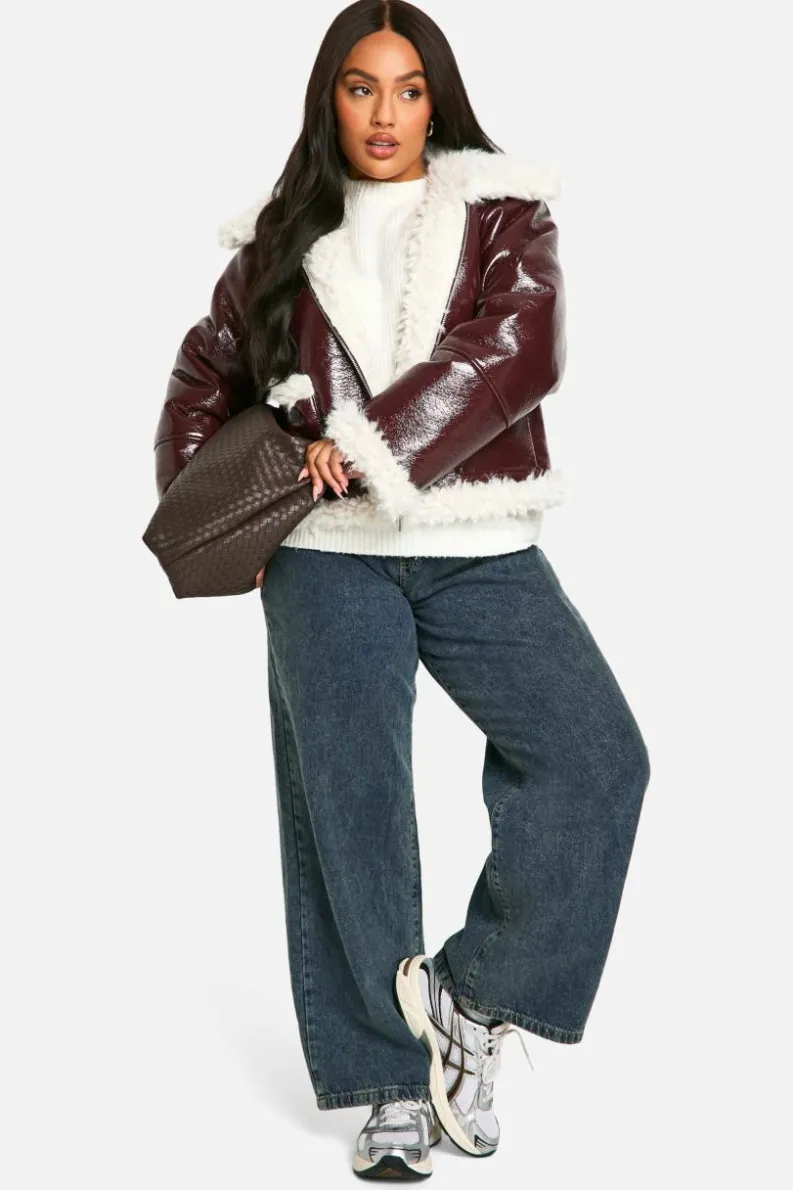 Up To 80% Off Winter Warmers|Aviator Jackets*boohoo Plus Vinyl Faux Fur Trim Jacket burgundy