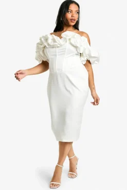 Bodycon Dresses|Midi Dresses*boohoo Plus Volume Off The Shoulder Midi Dress ivory