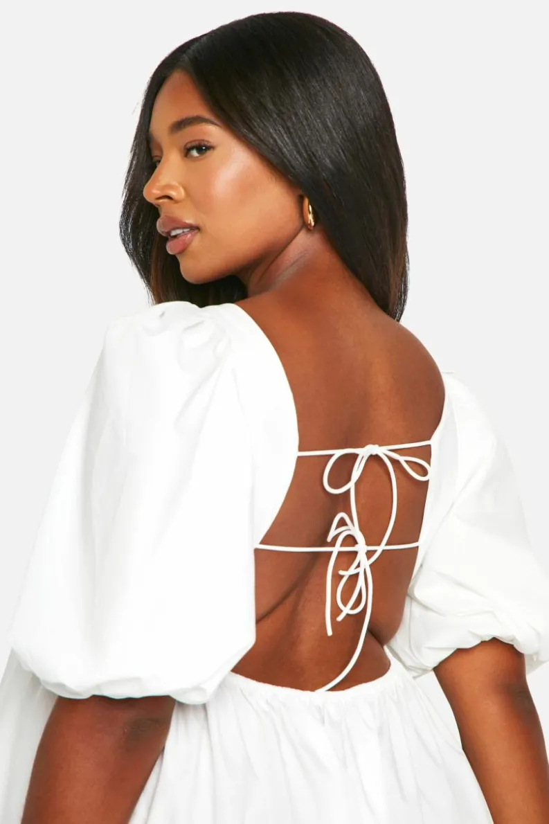Smock Dresses*boohoo Plus Volume Sleeve Strappy Back Mini Dress white