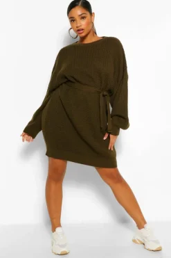 Jumper Dresses|Jumper Dresses*boohoo Plus Waffle Knitted Self Belt Jumper Dress khaki