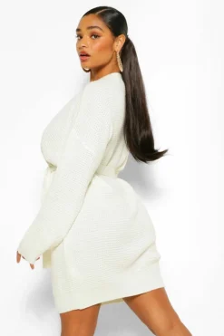 Jumper Dresses|Jumper Dresses*boohoo Plus Waffle Knitted Self Belt Jumper Dress khaki