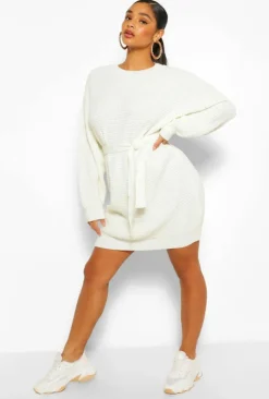 Jumper Dresses|Jumper Dresses*boohoo Plus Waffle Knitted Self Belt Jumper Dress khaki
