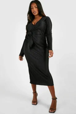 Wrap Dresses*boohoo Plus Wave Plisse Wrap Midaxi Dress black