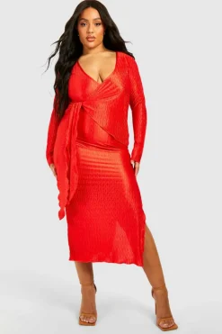 Wrap Dresses*boohoo Plus Wave Plisse Wrap Midaxi Dress burnt orange