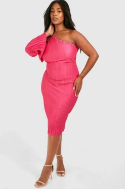 Midi Dresses*boohoo Plus Wide Plisse Cape Sleeve Detail Midi Column Dress hot pink