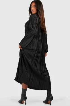 Smock Dresses|Long Sleeve Dresses*boohoo Plus Wide Plisse Midaxi Dress black