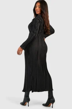 Shirt Dresses|Long Sleeve Dresses*boohoo Plus Wide Plisse Midaxi Shirt Dress black