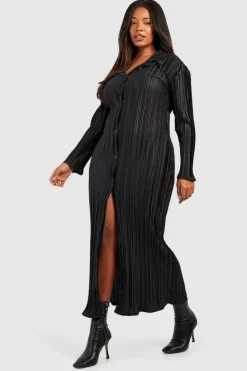 Shirt Dresses|Long Sleeve Dresses*boohoo Plus Wide Plisse Midaxi Shirt Dress black