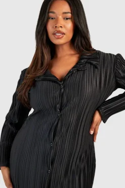 Shirt Dresses|Long Sleeve Dresses*boohoo Plus Wide Plisse Midaxi Shirt Dress black