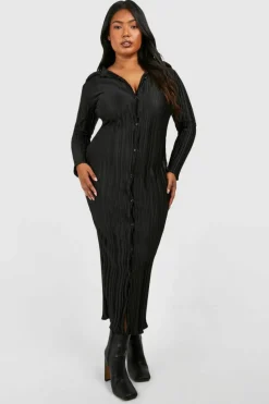 Shirt Dresses*boohoo Plus Wide Plisse Midaxi Shirt Dress black