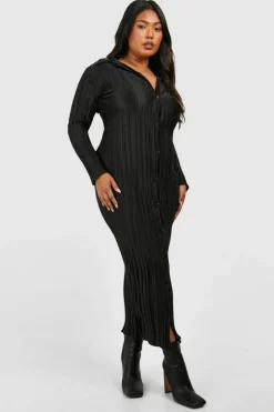 Shirt Dresses*boohoo Plus Wide Plisse Midaxi Shirt Dress black