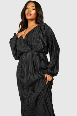 Smock Dresses|Wrap Dresses*boohoo Plus Wide Plisse Wrap Midaxi Dress black
