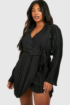 Shirt Dresses|Wrap Dresses*boohoo Plus Wide Plisse Wrap Shirt Dress black