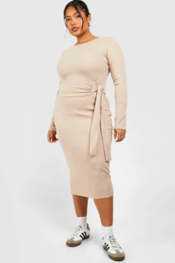Midi Dresses*boohoo Plus Wide Rib Tie Midi Dress mocha