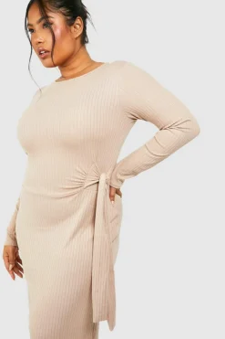 Midi Dresses*boohoo Plus Wide Rib Tie Midi Dress mocha