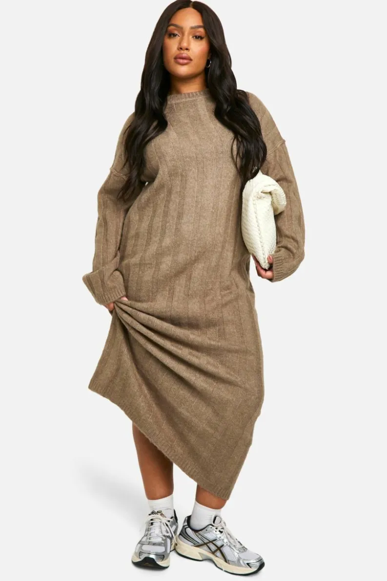 Jumper Dresses|Jumper Dresses*boohoo Plus Wide Soft Rib Knitted Maxi Dress mocha