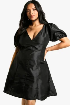 Skater Dresses*boohoo Plus Woven Pleated Detailpuff Sleeve Skater Dress black