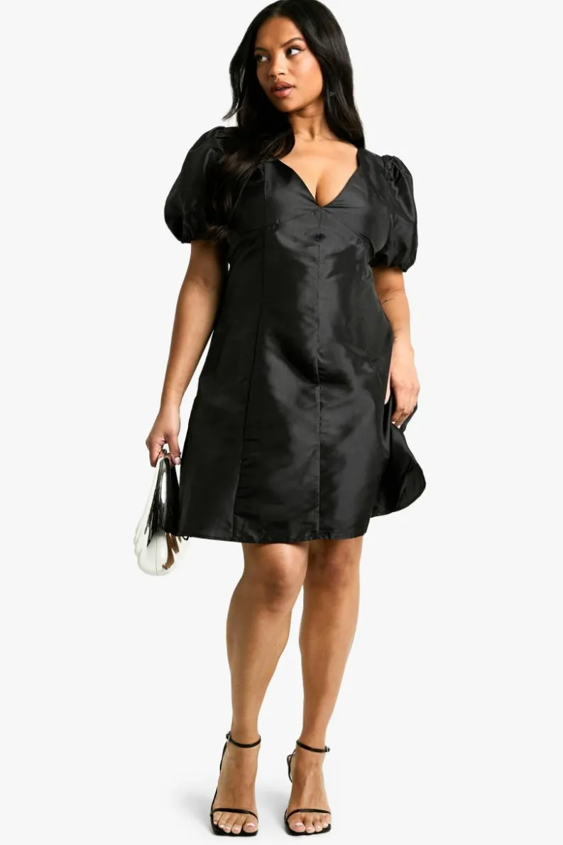 Skater Dresses*boohoo Plus Woven Pleated Detailpuff Sleeve Skater Dress black