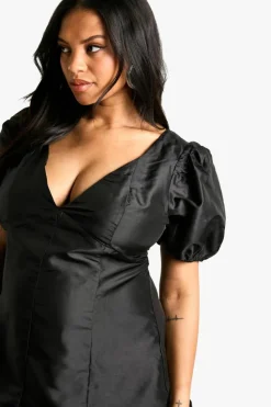 Skater Dresses*boohoo Plus Woven Pleated Detailpuff Sleeve Skater Dress black