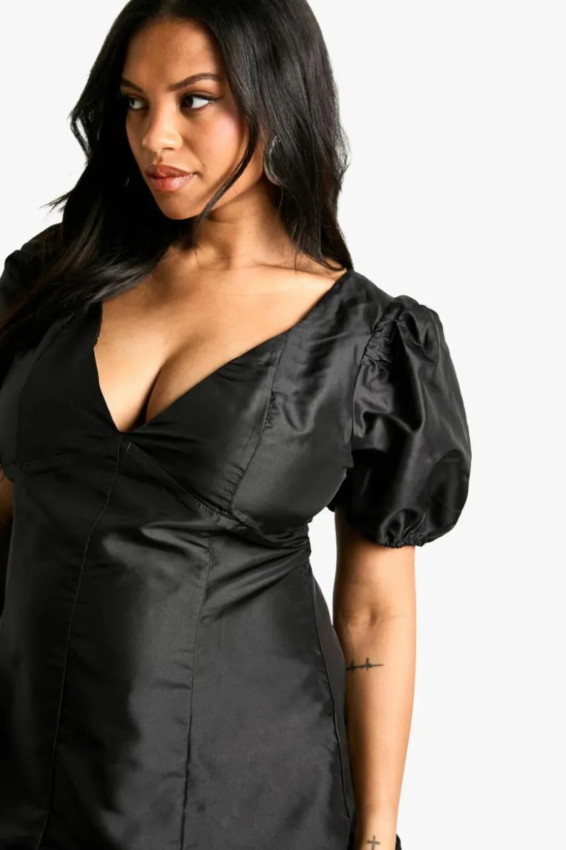 Skater Dresses*boohoo Plus Woven Pleated Detailpuff Sleeve Skater Dress black