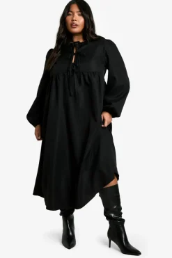 Smock Dresses|Midi Dresses*boohoo Plus Woven Tie Front Midi Smock Dress black