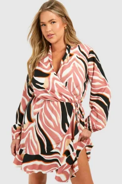 Wrap Dresses*boohoo Plus Woven Abstract Floral Print Wrap Mini Dress brown
