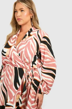 Wrap Dresses*boohoo Plus Woven Abstract Floral Print Wrap Mini Dress brown
