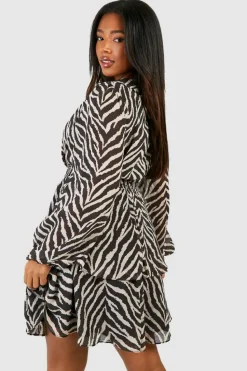 Skater Dresses|Mini Dresses*boohoo Plus Woven Animal Print Ruffle Skater Dress black