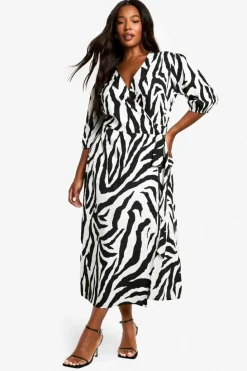 Wrap Dresses|Midi Dresses*boohoo PLUS WOVEN ANIMAL PRINT WRAP MIDI DRESS black