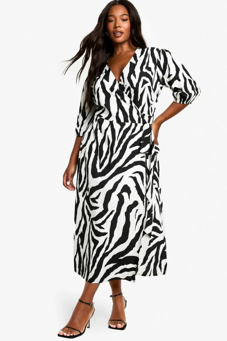 Wrap Dresses|Midi Dresses*boohoo PLUS WOVEN ANIMAL PRINT WRAP MIDI DRESS black