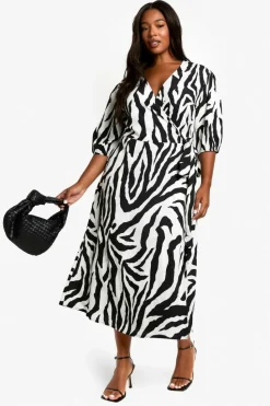 Wrap Dresses|Midi Dresses*boohoo PLUS WOVEN ANIMAL PRINT WRAP MIDI DRESS black