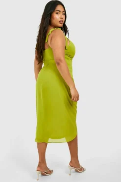 Midi Dresses*boohoo Plus Woven Corset Tie Shoulder Draped Midi Dress olive