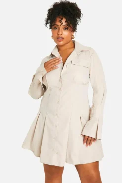 Shirt Dresses|Mini Dresses*boohoo Plus Woven Flare Shirt Dress taupe
