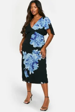Skater Dresses*boohoo Plus Woven Floral Print Angel Sleeve Midaxi Dress black