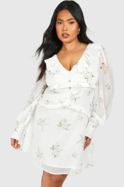 Skater Dresses*boohoo Plus Woven Floral Print Ruffle Detail Long Sleeve Mini Dress cream