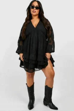 Smock Dresses*boohoo Plus Woven Jaquard Ruffle Hem Long Sleeve Mini Dress black