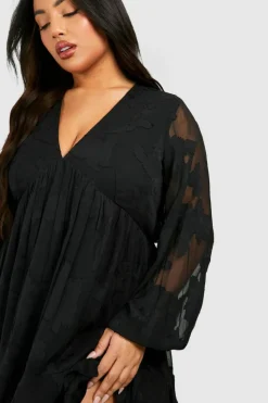 Smock Dresses*boohoo Plus Woven Jaquard Ruffle Hem Long Sleeve Mini Dress black
