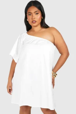 Smock Dresses*boohoo Plus Woven One Shoulder Mini Dress white