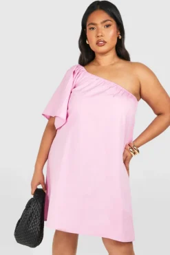 Smock Dresses*boohoo Plus Woven One Shoulder Mini Dress pink