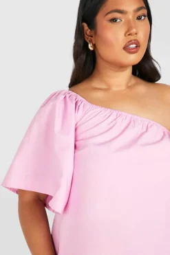 Smock Dresses*boohoo Plus Woven One Shoulder Mini Dress pink