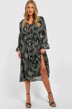 Midi Dresses*boohoo Plus Woven Paisley Print Frill Sleeve Midi Dress black