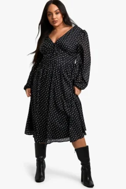Skater Dresses|Midi Dresses*boohoo Plus Woven polka dot Milkmaid Midi Skater Dress black