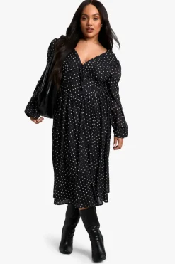 Skater Dresses|Midi Dresses*boohoo Plus Woven polka dot Milkmaid Midi Skater Dress black