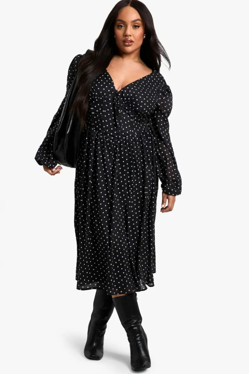 Skater Dresses|Midi Dresses*boohoo Plus Woven polka dot Milkmaid Midi Skater Dress black