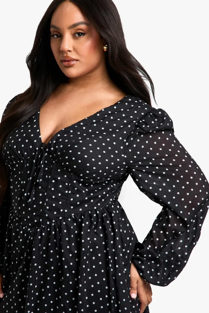 Skater Dresses|Midi Dresses*boohoo Plus Woven polka dot Milkmaid Midi Skater Dress black