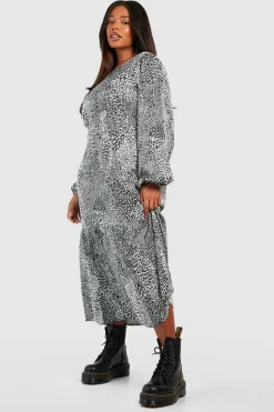 Smock Dresses*boohoo Plus Woven Printed Lone Sleeve Satin Dress black