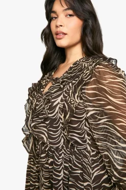 Smock Dresses*boohoo Plus Woven Ruffle Animal Print Smock Dress brown