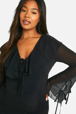 Mini Dresses|Long Sleeve Dresses*boohoo Plus Woven Ruffle Shift Dress black